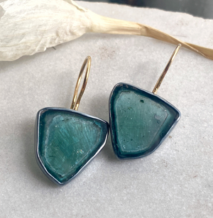Teal Tourmaline Slice Earrings