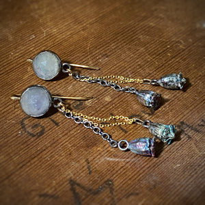 Ice Blue Sapphire Drop Earrings with Poppy Pods
