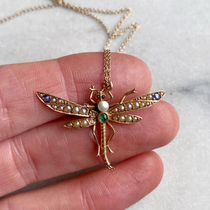 Art Nouveau-era Rose Gold & Gemstone Dragonfly Necklace