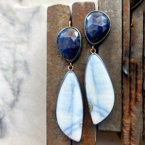 Sapphire Earrings with Opalized Fossilized Wood