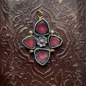 Etruscan-style Amulet with Blue/Pink Tourmaline Slices and Poppy Pod