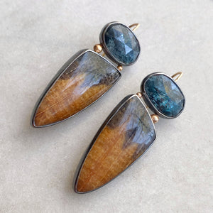 Petrified Oak Wood and Speckled Teal Kyanite Earrings