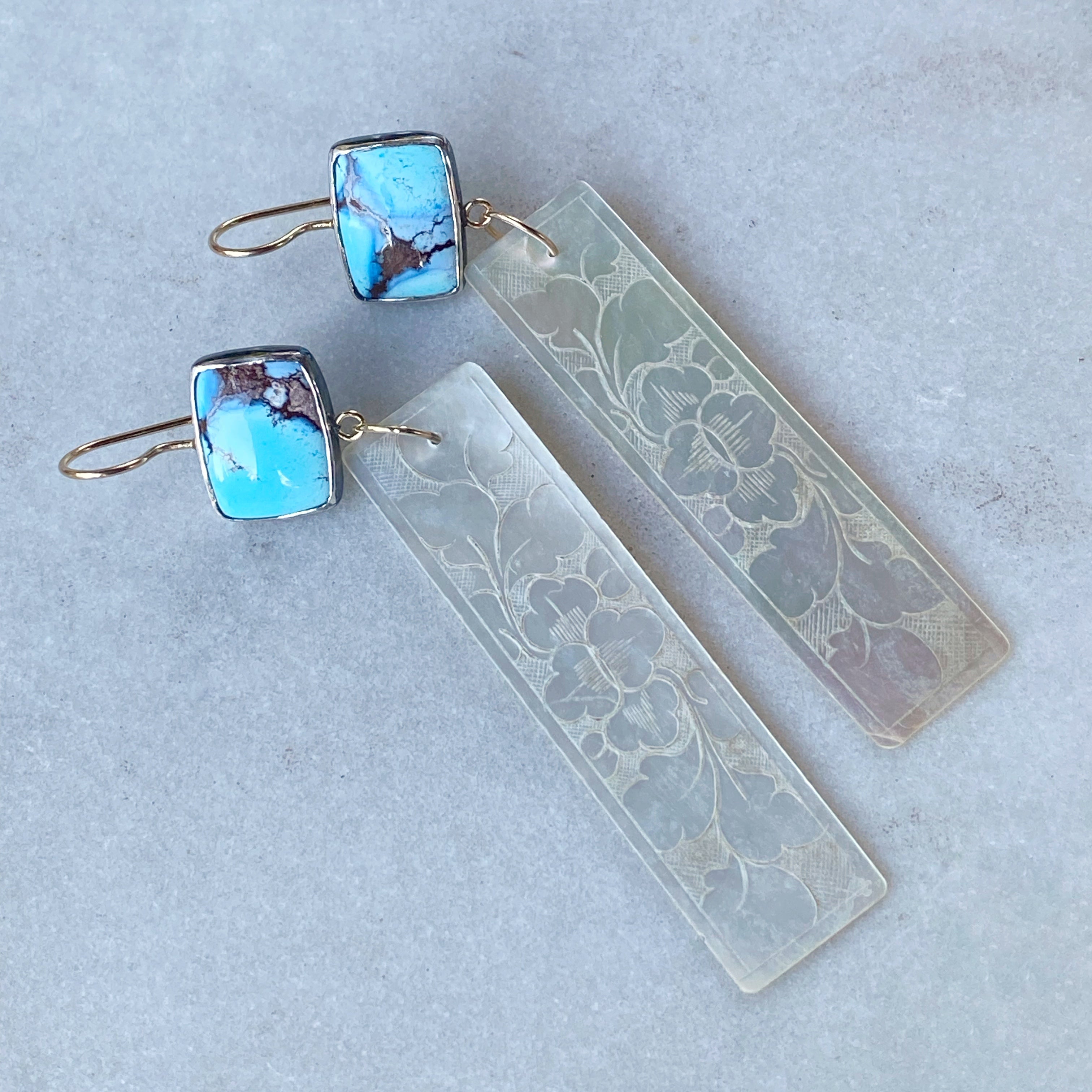 Golden Hills Lavender Turquoise and Antique Mother of Pearl Chinese Gaming Token Earrings