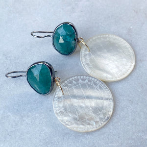 Grandidierite and Antique Mother of Pearl Chinese Gaming Token Earrings