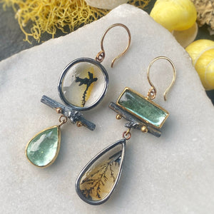 Dendritic Quartz and Seafoam Tourmaline Earrings with Twigs