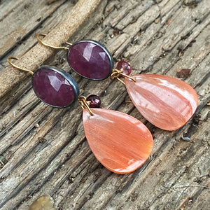 Ruby and Auburn Amazonite Earrings with Pink Tourmaline Beads