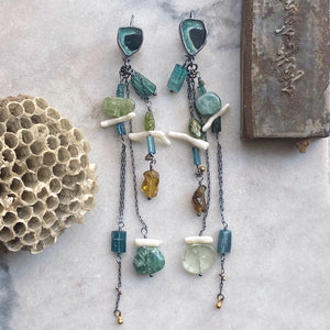 Tourmaline, Garnet, and Vintage White Coral Shoulder-Duster Earrings
