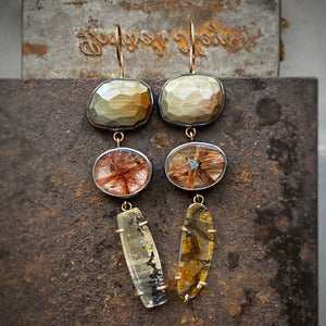 Chatoyant Grey, Copper Star Rutilated, and Dendritic Quartz Earrings