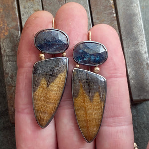 Petrified Oak Wood and Speckled Teal Kyanite Earrings