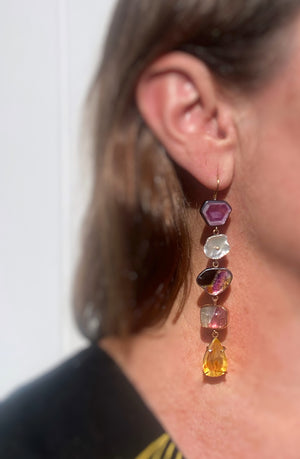 Totem Earrings with Tourmaline, Quartz, Sapphire, and Keshi Pearl