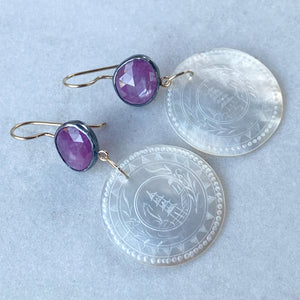 Raspberry Sheen Sapphire and Antique Mother of Pearl Chinese Gaming Token Earrings