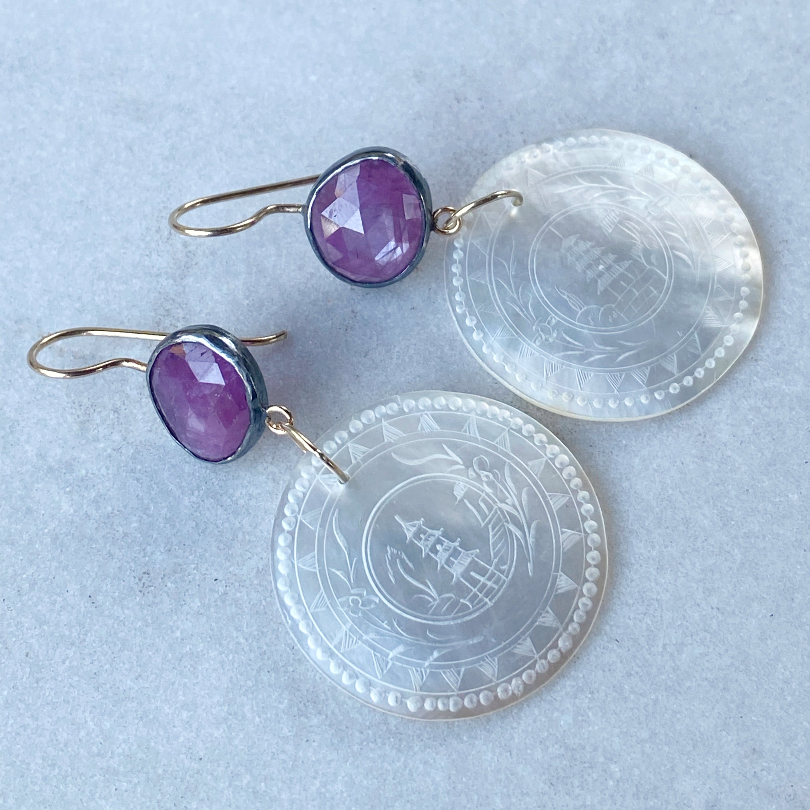 Ruby and Antique Mother of Pearl Chinese Gaming Token Earrings