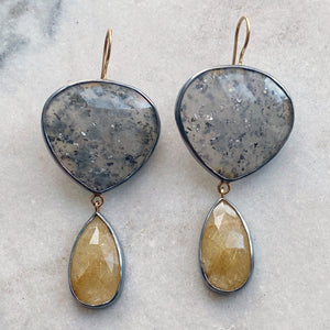 Black Sunstone and Golden Rutilated Quartz Earrings