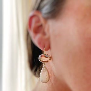 Pink Glass with Feather Reverse Intaglio and Scolecite Earrings
