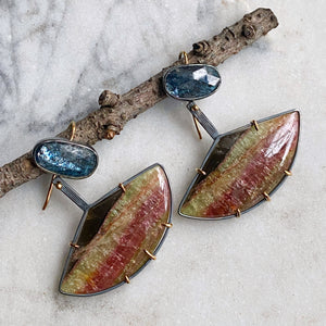 Multicolor Tourmaline and Speckled Teal Kyanite Earrings