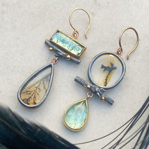 Dendritic Quartz and Seafoam Tourmaline Earrings with Twigs