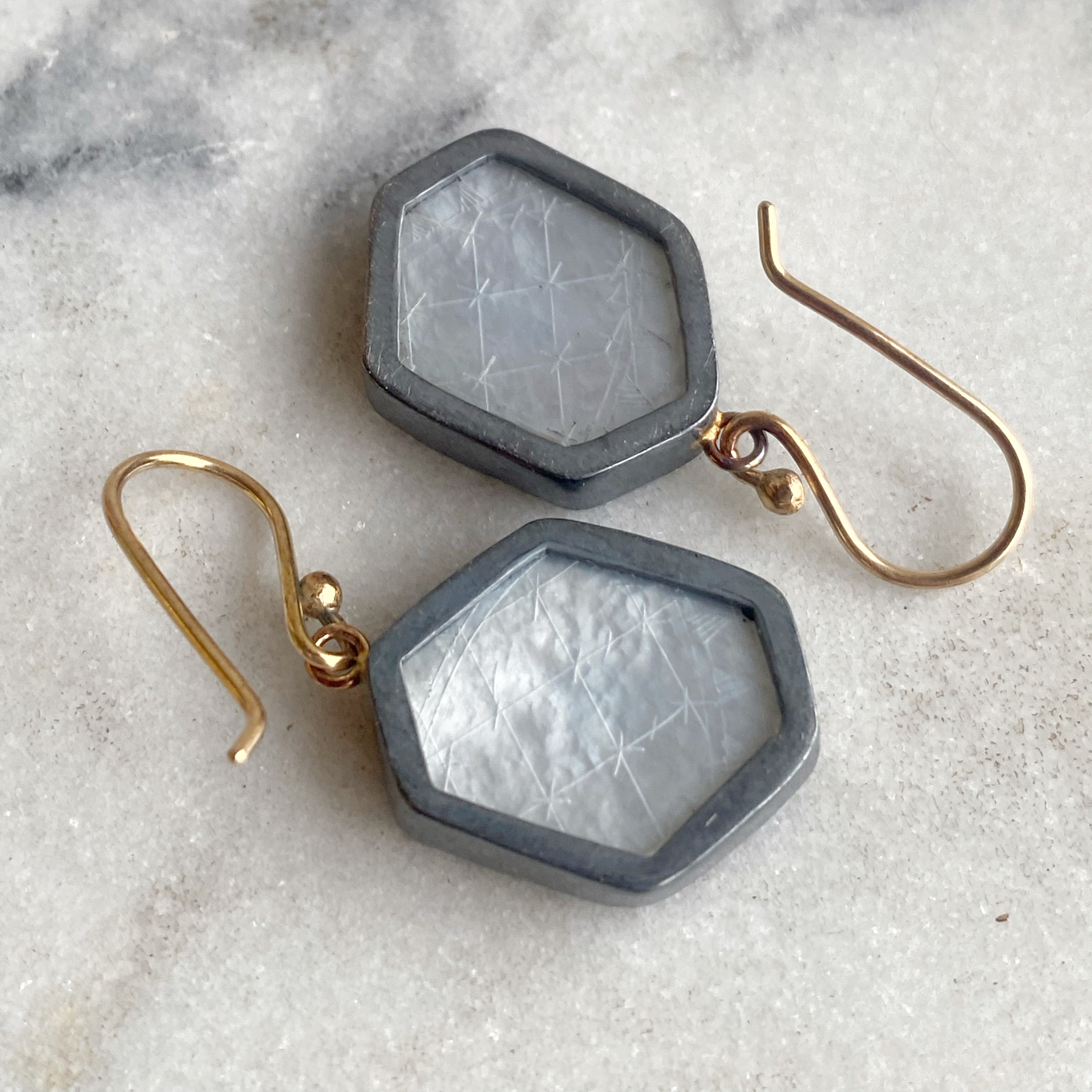 Watermelon Tourmaline Slice Earrings with Antique Chinese Mother of Pearl Gaming Tokens