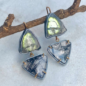 Green Tourmaline and Black Rutilated Quartz Earrings
