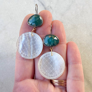 Grandidierite and Antique Mother of Pearl Chinese Gaming Token Earrings