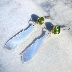 Apple Green Tourmaline and Antique Mother of Pearl Chinese Gaming Token Earrings