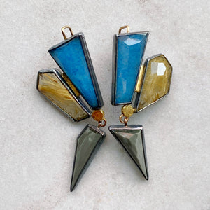 Geometric Earrings with Lazulite, Golden Rutilated and Chatoyant Grey Quartzes