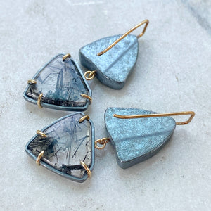 Green Tourmaline and Black Rutilated Quartz Earrings