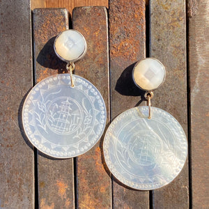 Faceted Mother of Pearl and Antique Mother of Pearl Chinese Gaming Token Earrings