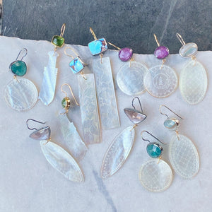Apple Green Tourmaline and Antique Mother of Pearl Chinese Gaming Token Earrings