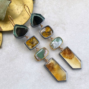Indicolite Tourmaline, Dendritic Quartz, Aquaprase, and Dendritic Agate Earrings