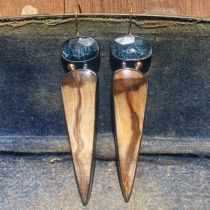 Petrified Oak Wood and Speckled Teal Kyanite Earrings