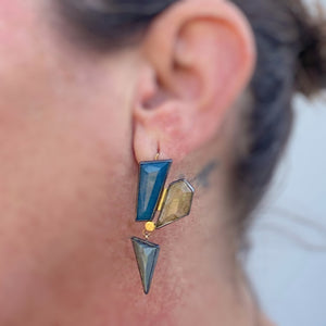Geometric Earrings with Lazulite, Golden Rutilated and Chatoyant Grey Quartzes