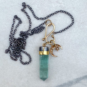 Tourmaline Wand and Antique Crescent Moon with Pearls Charms