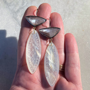 Peach Moonstone and Antique Mother of Pearl Chinese Gaming Token Earrings