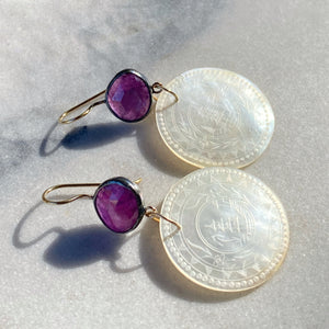 Raspberry Sheen Sapphire and Antique Mother of Pearl Chinese Gaming Token Earrings