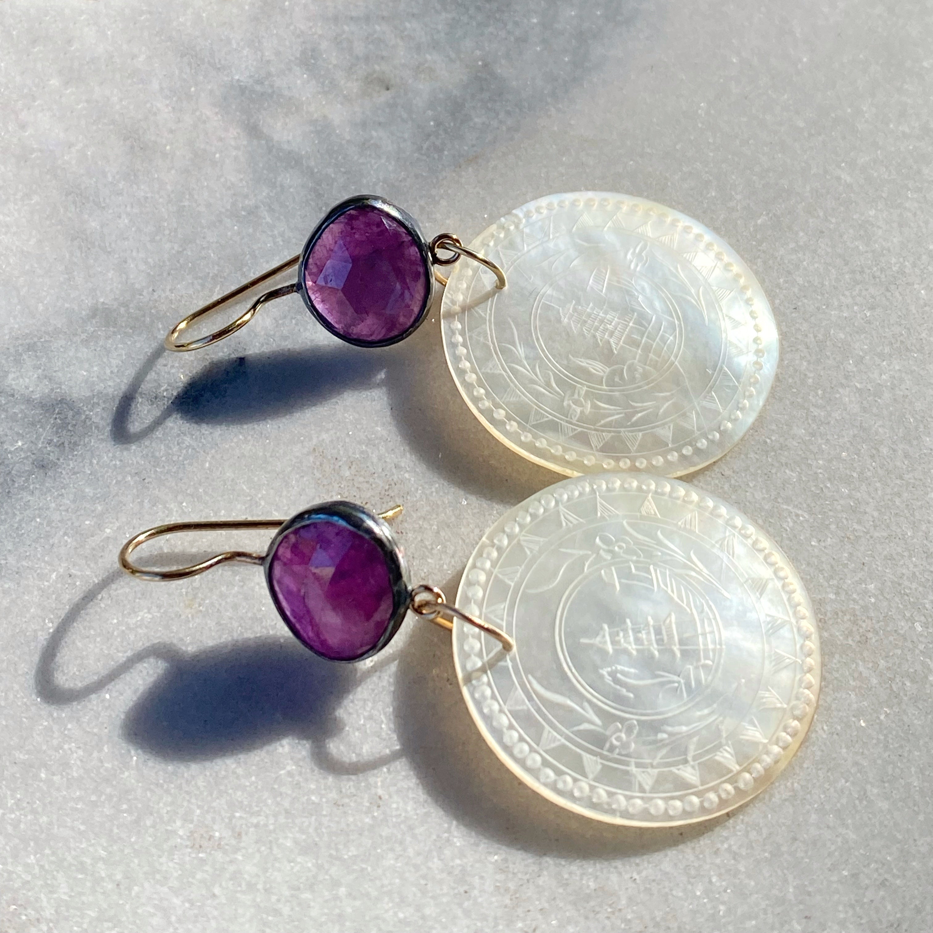 Ruby and Antique Mother of Pearl Chinese Gaming Token Earrings