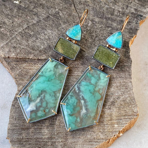 Aquaprase, Green Drusy Quartz, and Amazonite Earrings
