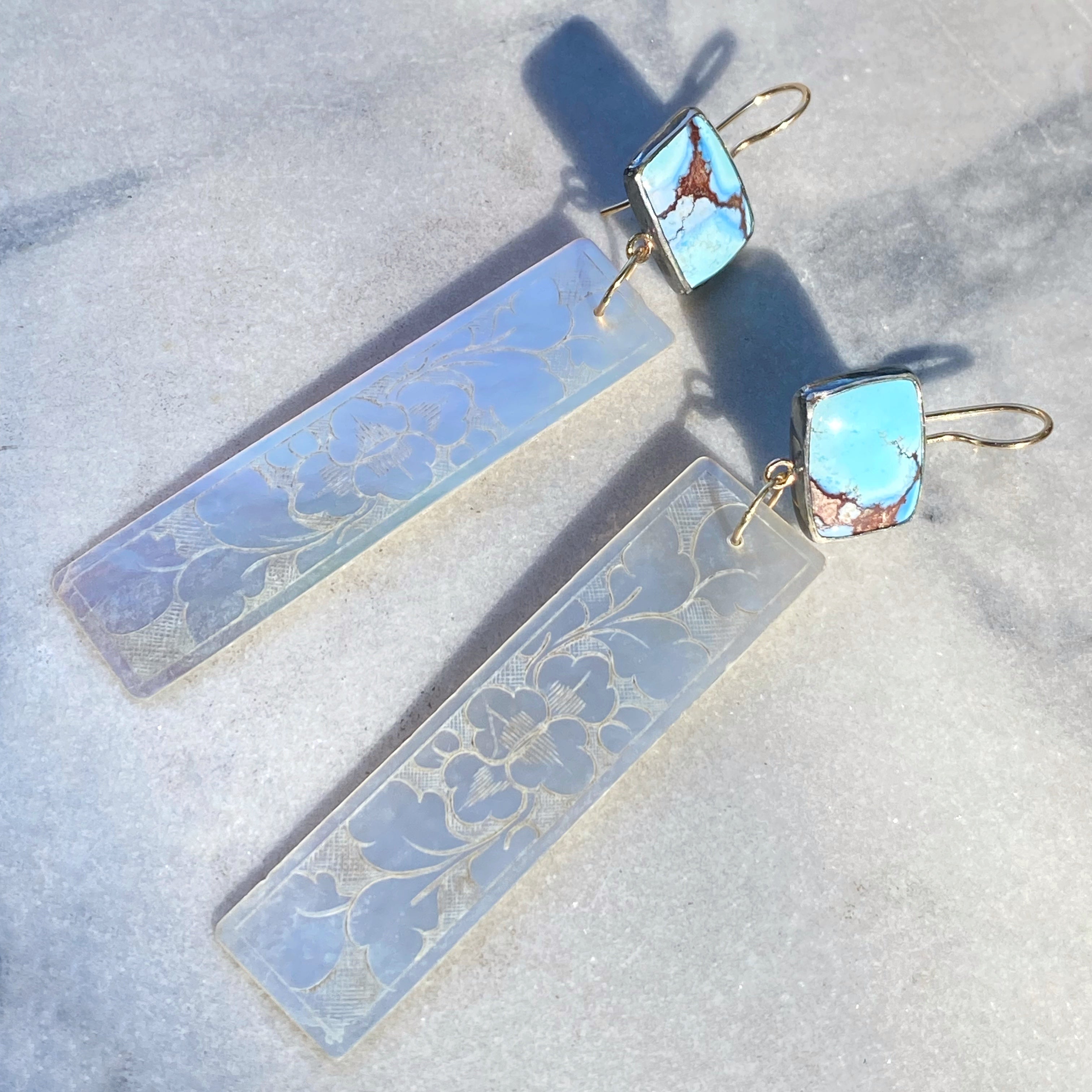 Golden Hills Lavender Turquoise and Antique Mother of Pearl Chinese Gaming Token Earrings