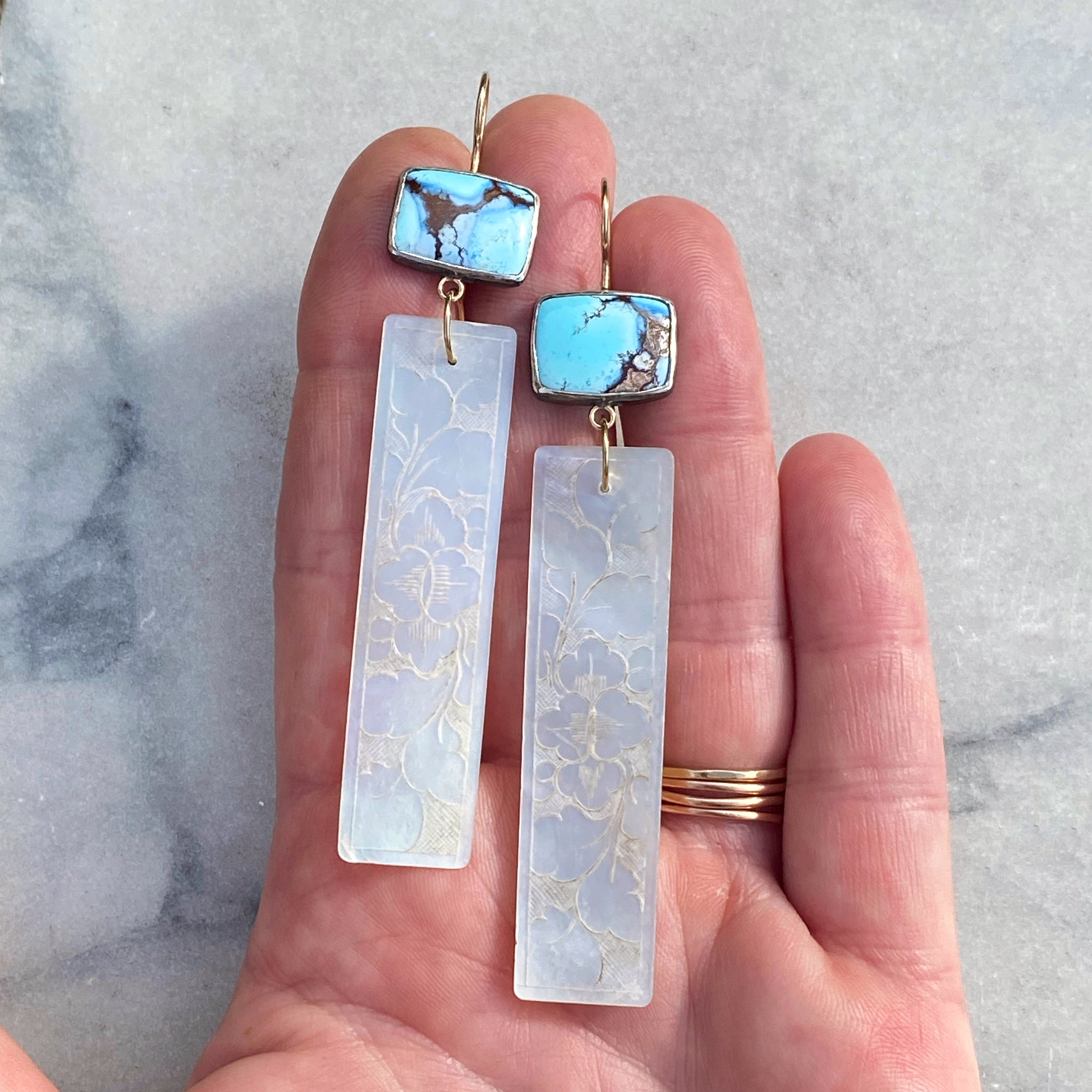 Golden Hills Lavender Turquoise and Antique Mother of Pearl Chinese Gaming Token Earrings