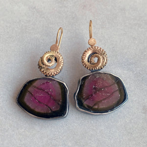 Striated Watermelon Tourmaline Slice Earrings with Octopus Tentacles
