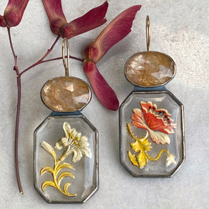 Victorian Painted Glass and Golden Rutilated Quartz Earrings