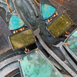 Aquaprase, Green Drusy Quartz, and Amazonite Earrings