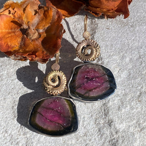 Striated Watermelon Tourmaline Slice Earrings with Octopus Tentacles