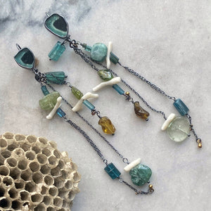 Tourmaline, Garnet, and Vintage White Coral Shoulder-Duster Earrings