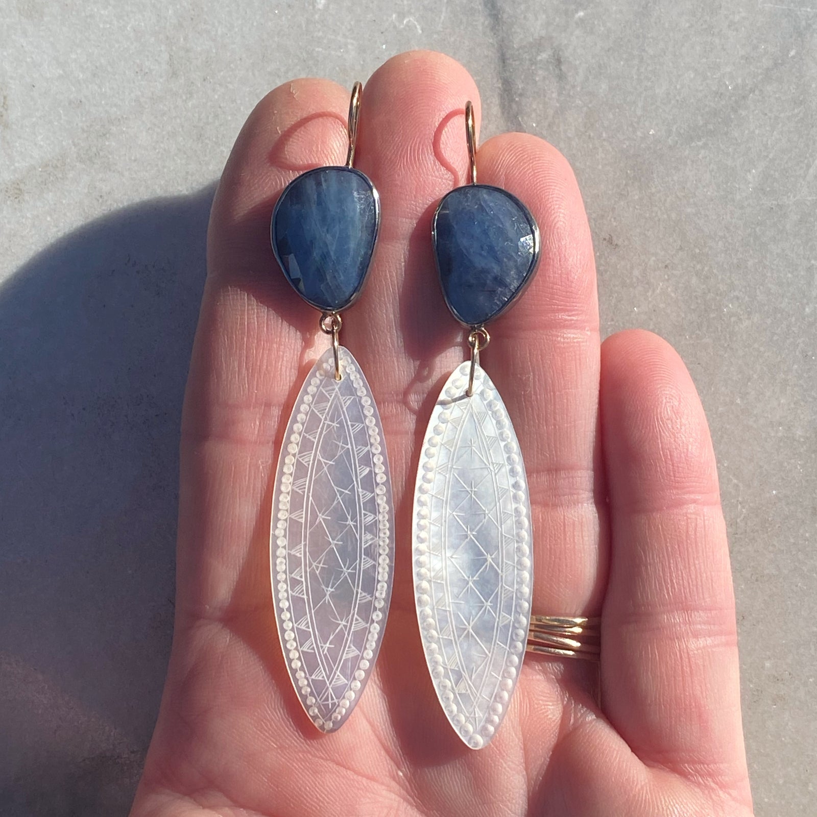 Sapphire and Antique Mother of Pearl Chinese Gaming Token Earrings