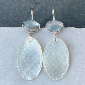 Gilalite in Quartz and Antique Mother of Pearl Chinese Gaming Token Earrings