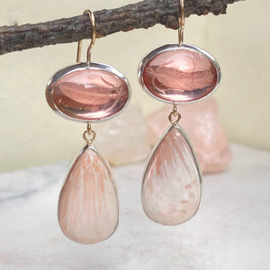 Pink Glass with Feather Reverse Intaglio and Scolecite Earrings