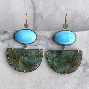 Golden Hills Turquoise and Actinolite in Quartz Earrings