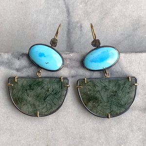 Golden Hills Turquoise and Actinolite in Quartz Earrings