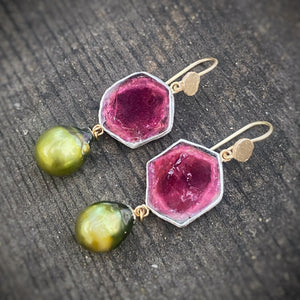 Pink Tourmaline & South Sea Pearl Earrings