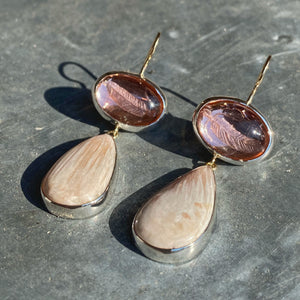 Pink Glass with Feather Reverse Intaglio and Scolecite Earrings